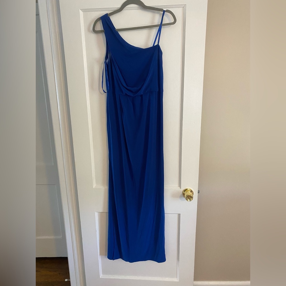 Cobalt blue one shoulder long dress with slit. Perfect for bridesmaid or prom.